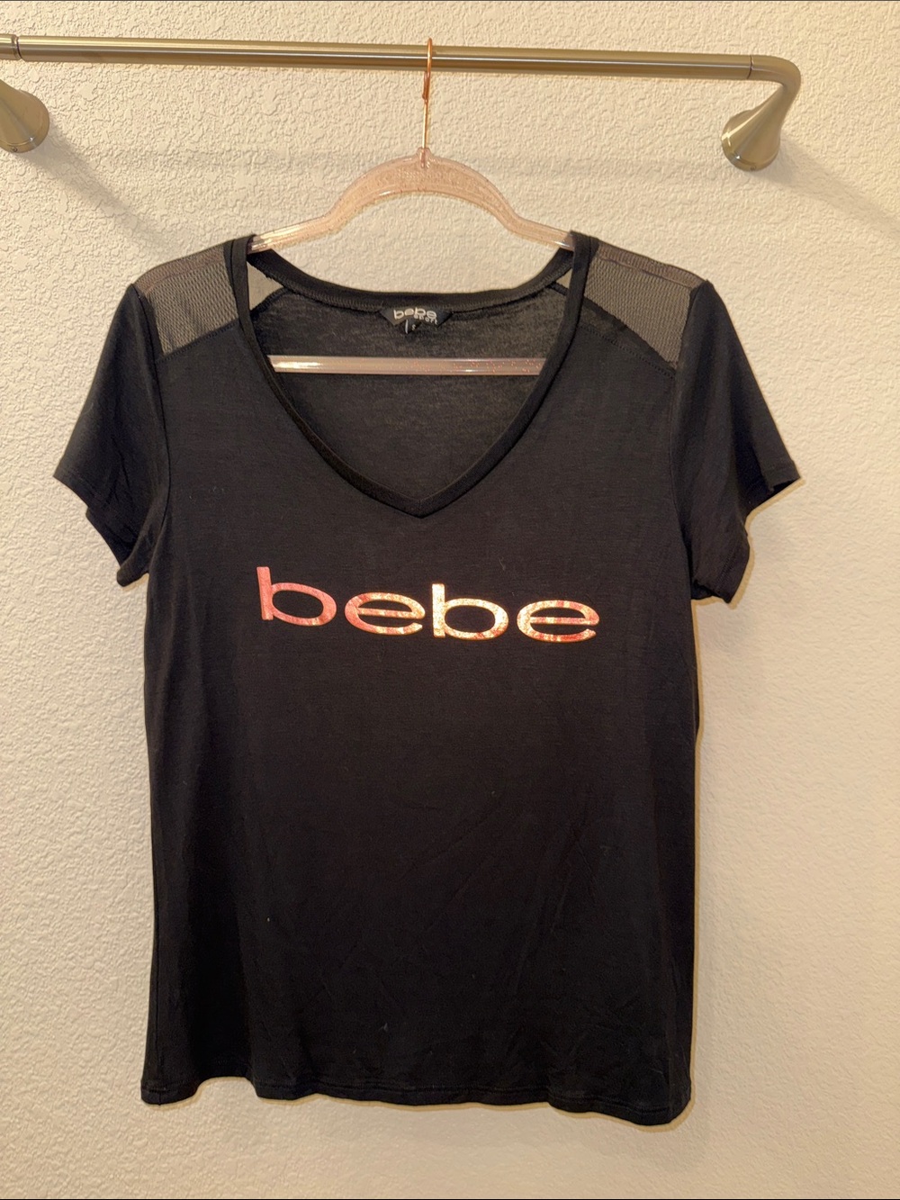 bebe Black V-Neck Tee with Metallic Rose Logo Script